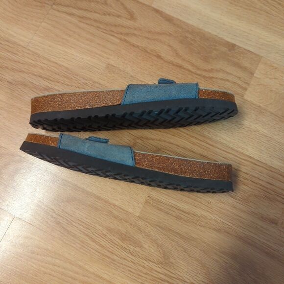 L.L. Bean Slides Sandals Women 6.5 Blue Leather Open Toe Buckle Cork - Picture 4 of 6